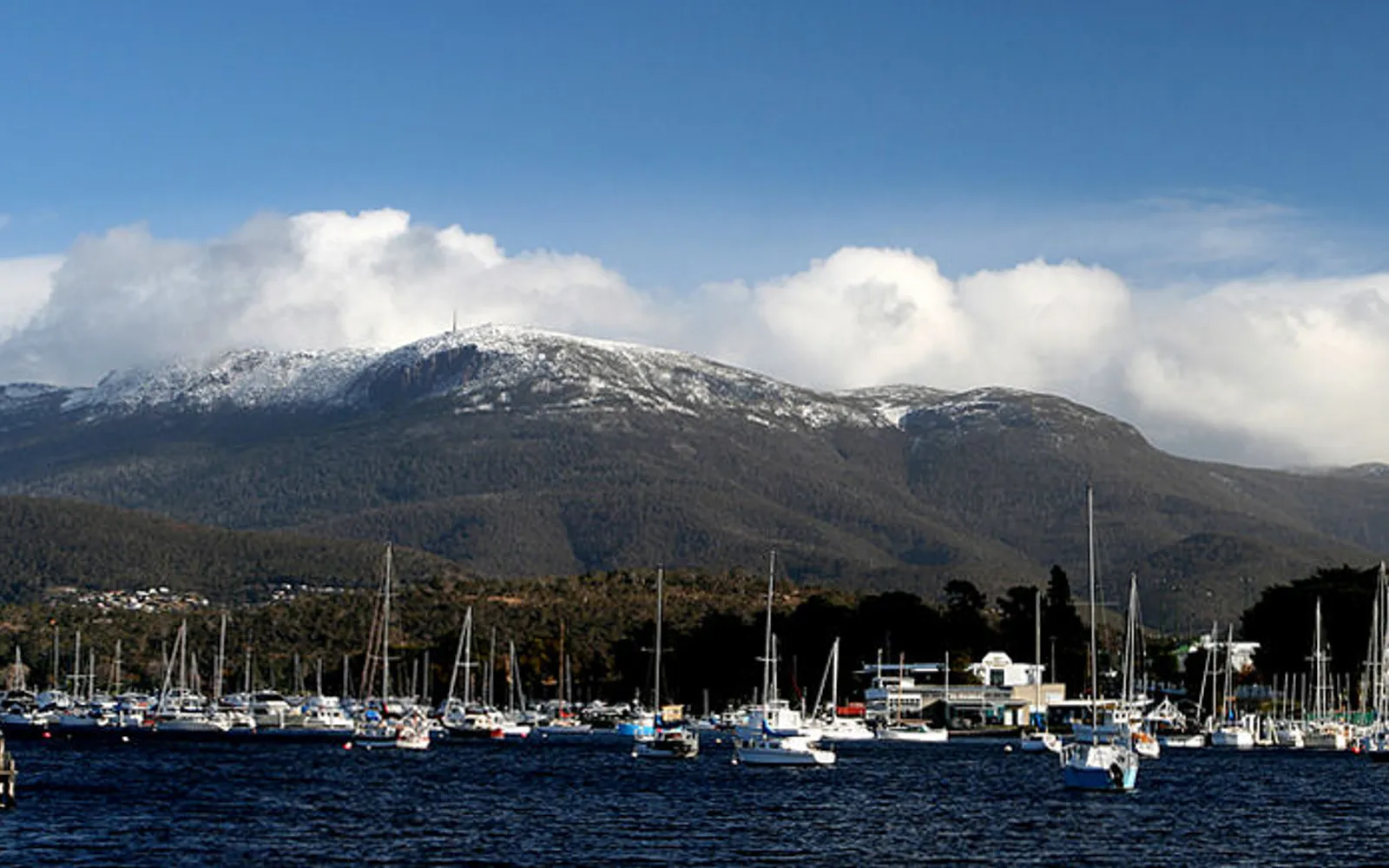 kunanyi / Mount Wellington seen from Hobart, the bare rocky summit set against a clear sky, with snow capping the top on some days even in summer.
