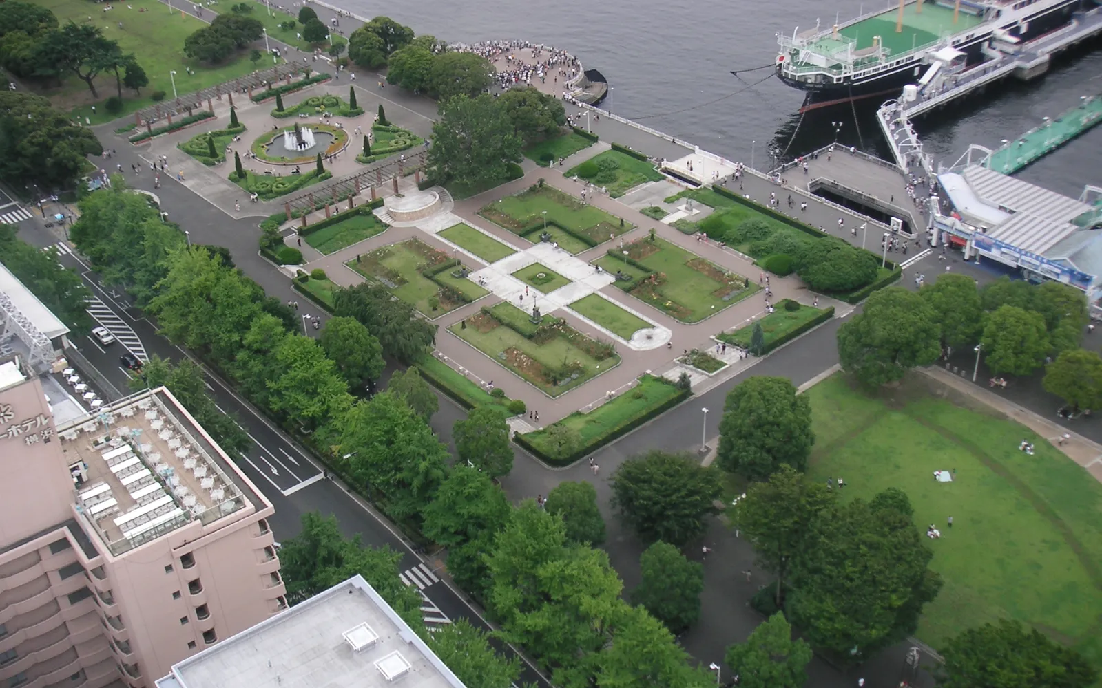 Yamashita Park waterfront with the white Hikawa Maru ship and Yokohama Bay in the background