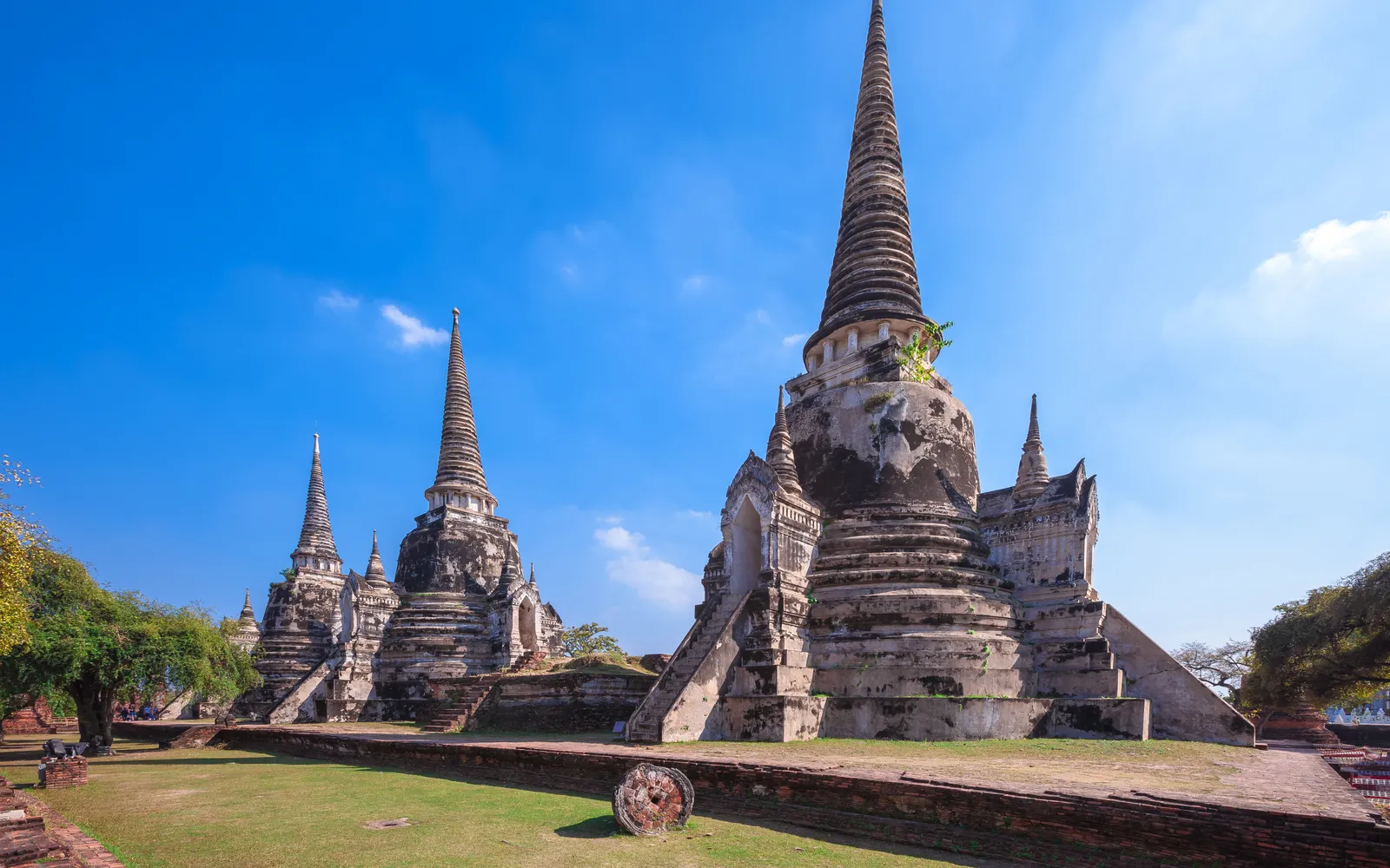 Three aligned chedis of Wat Phra Si Sanphet within the ancient Royal Palace grounds, Ayutthaya